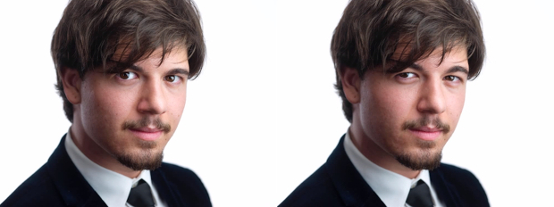 Before and After headshot of white man doing the 5% squint