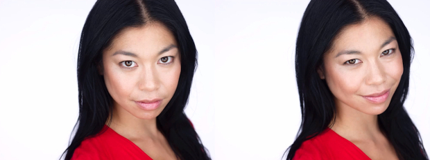Before and After headshot of Asian woman doing the 5% squint